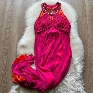 Cachet Beaded Halter Ruched Maxi Dress